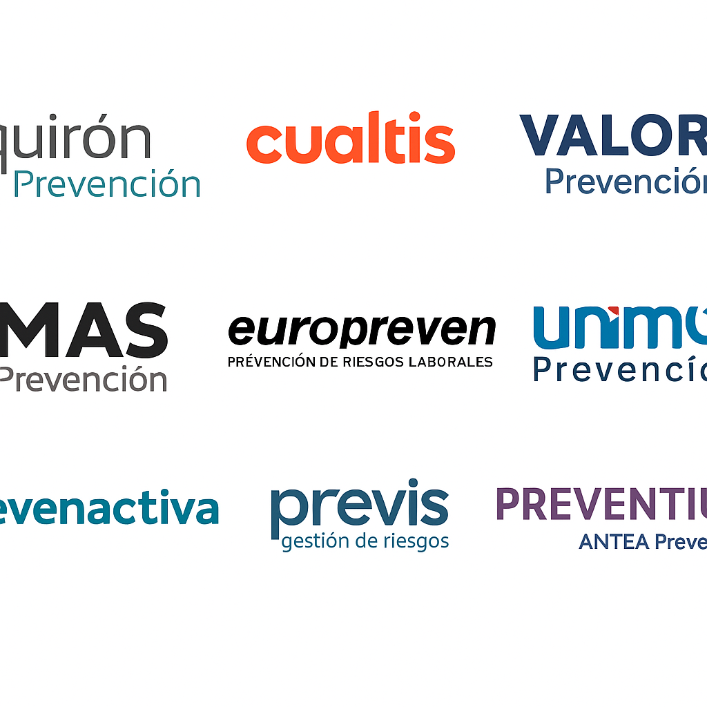 Logotipos de empresas de servicios de prevención ajenos en España: Quirón Prevención, Cualtis, Mas Prevención, Valora, Europreven y más