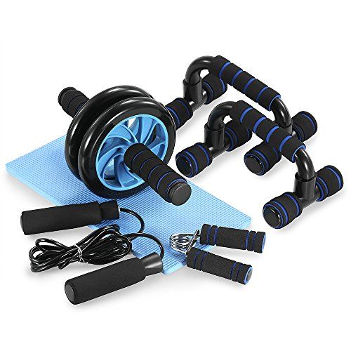 Juego de Rodillos de Ruedas 5 en 1 Rueda Abdominal + Push Up Bars+ Cuerda para Saltar +Fortalecedor de Mano con Esterilla Deporte, Gimnasio en Ejercicio en Casa de Fitness Abdominales Culturismo