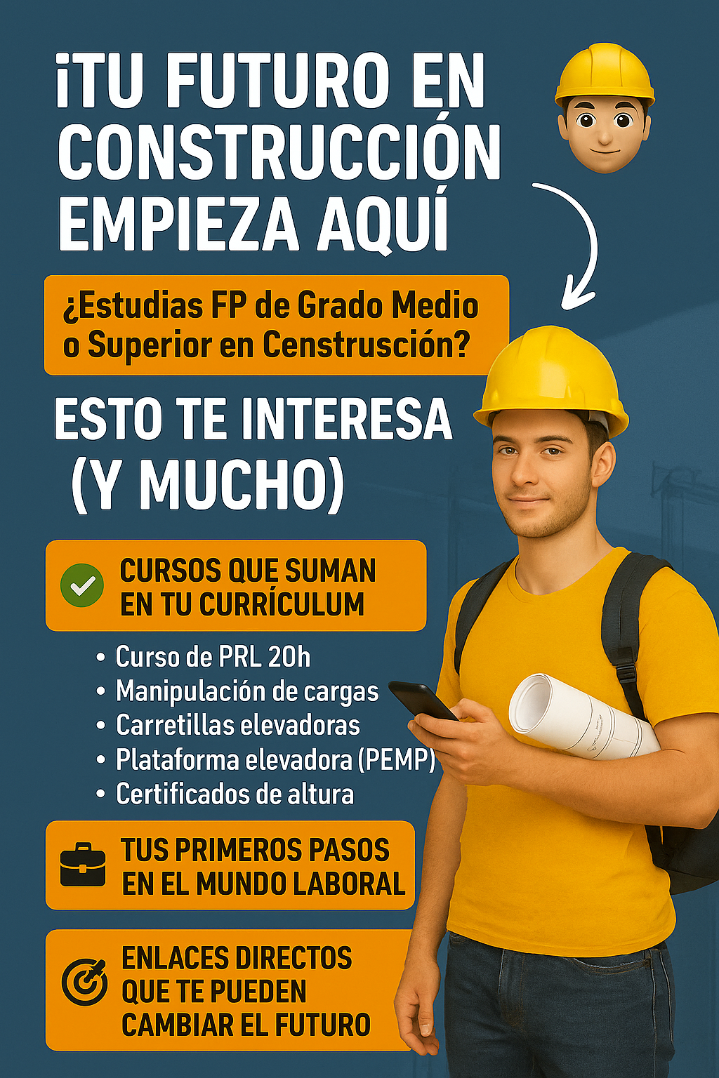 Estudiante joven de FP en construcción con casco y planos, rodeado de texto informativo sobre cursos de PRL y oportunidades laborales