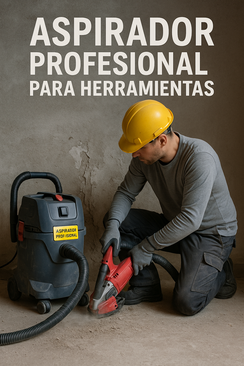 Operario usando aspirador profesional con herramienta eléctrica en obra de construcción