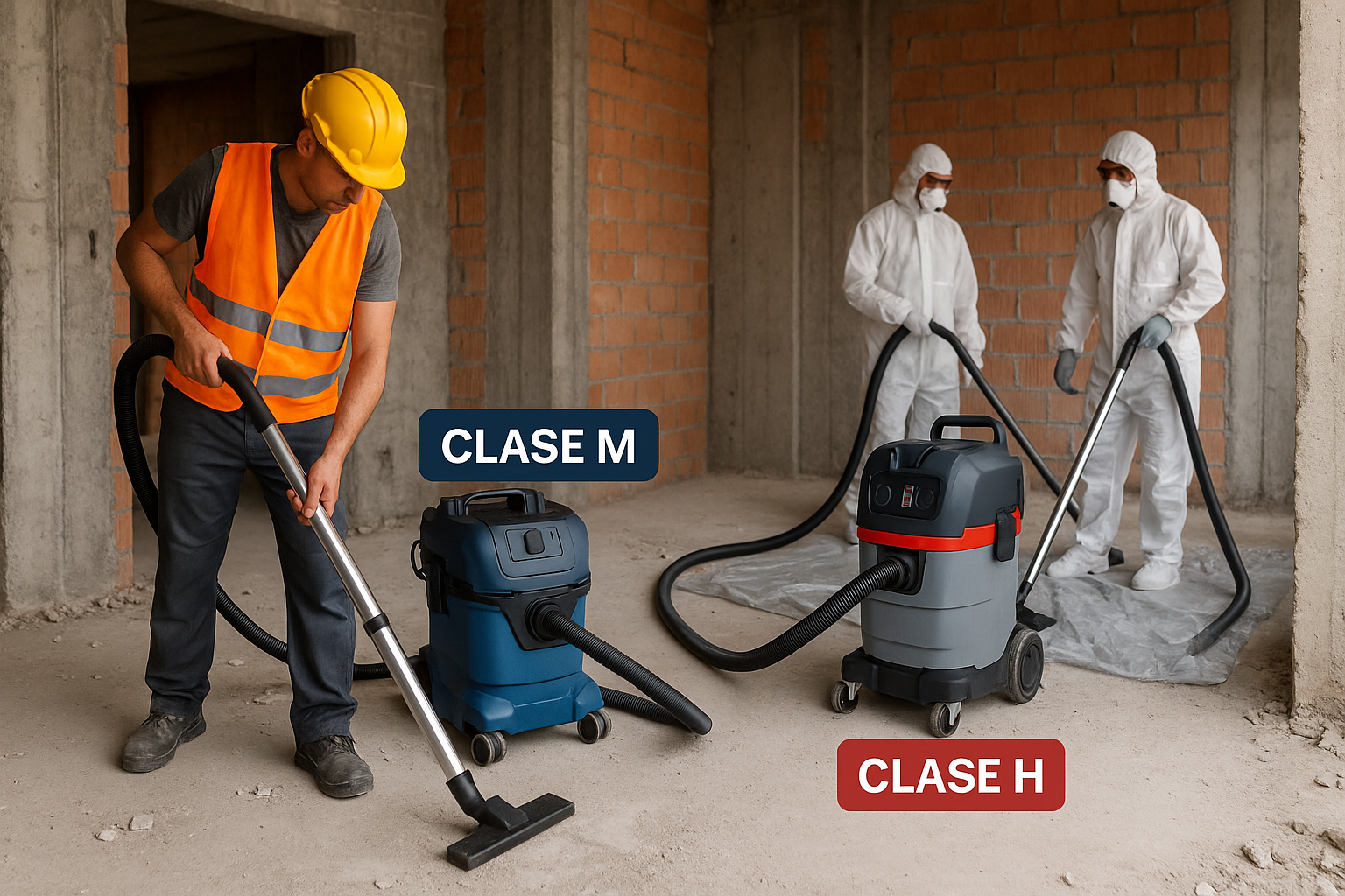 Trabajadores usando aspiradores industriales Clase M y Clase H en una obra de construcción