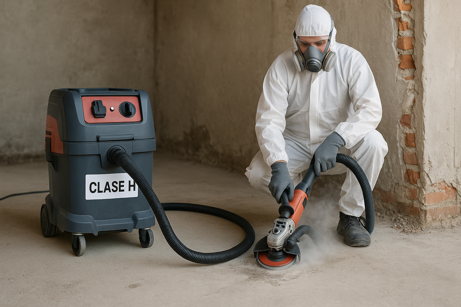 Trabajador con EPI usando aspirador Clase H durante una obra de demolición