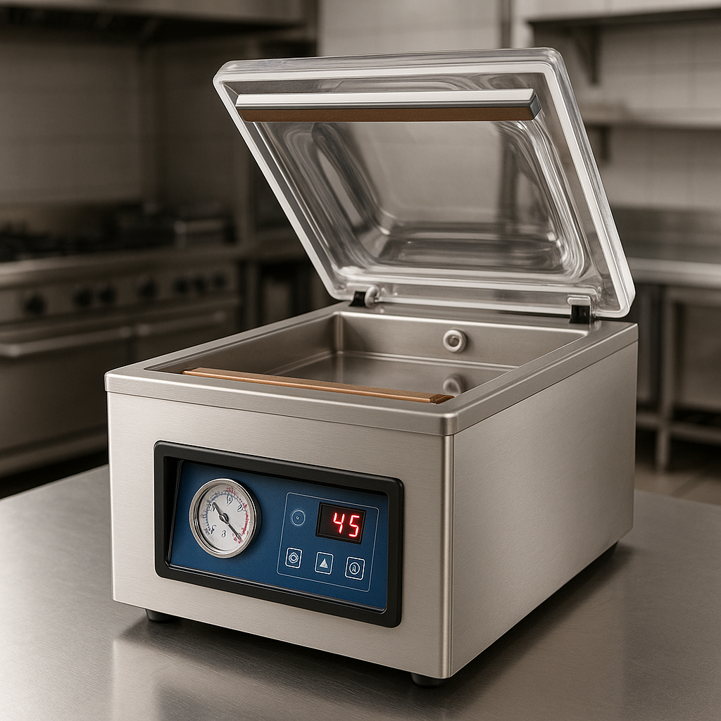 Envasadora de vacío con campana sobre encimera de cocina profesional en acero inoxidable