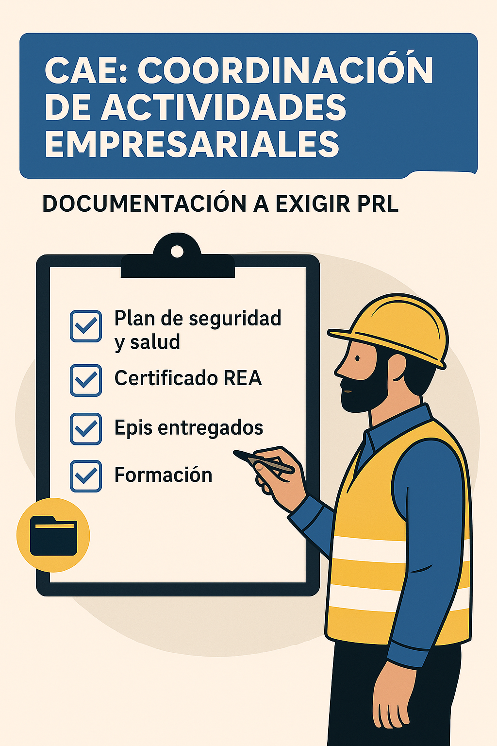 Ilustración de prevención de riesgos laborales que muestra la documentación exigida para la Coordinación de Actividades Empresariales (CAE)