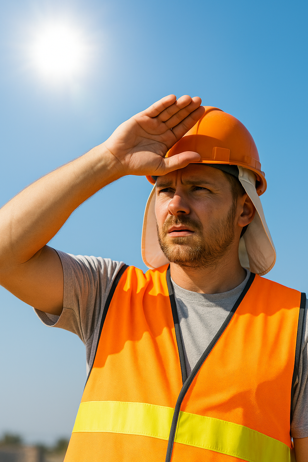Trabajador de la construcción con casco y cubrenuca protegiéndose del sol, prevención del golpe de calor en obras.