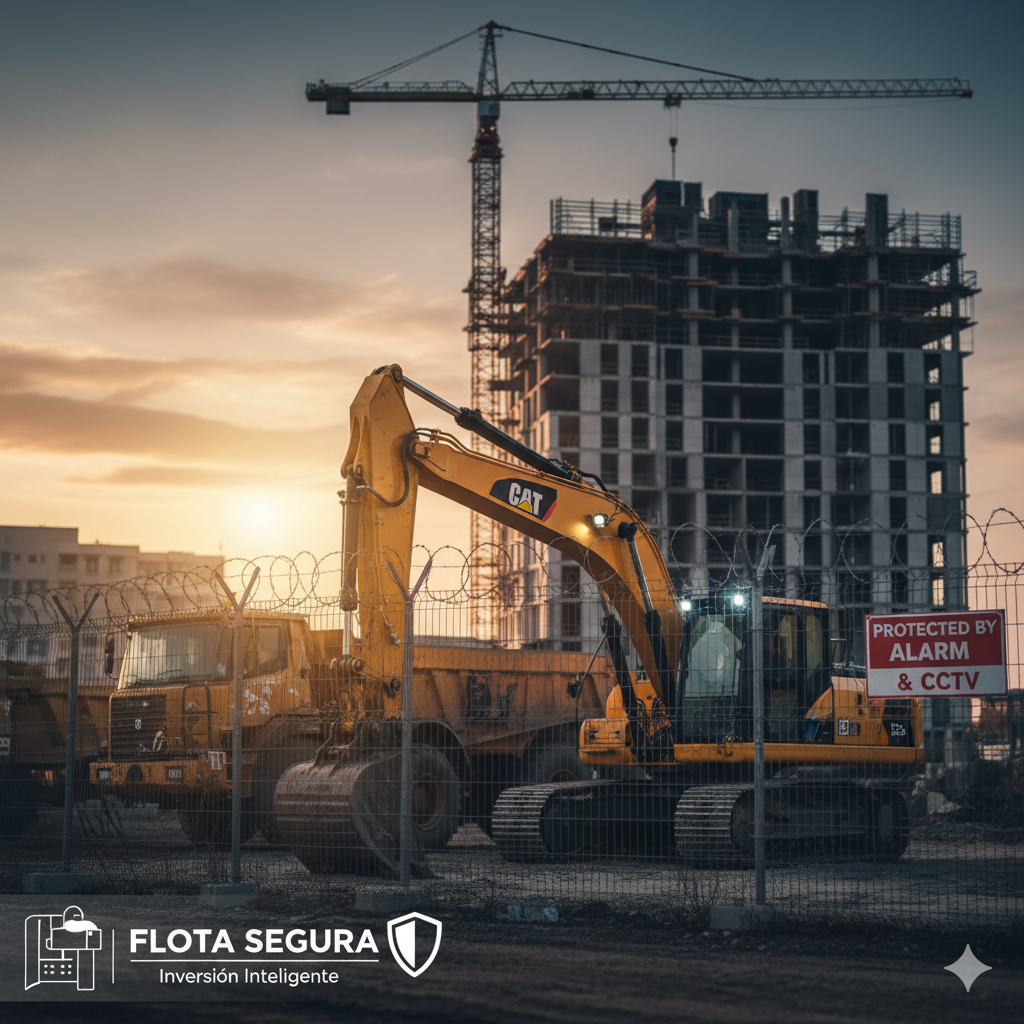 Excavadora y camión volquete asegurados en obra con valla de seguridad y cartel CCTV, como ejemplo de medidas de protección para reducir el coste del seguro de maquinaria de construcción.