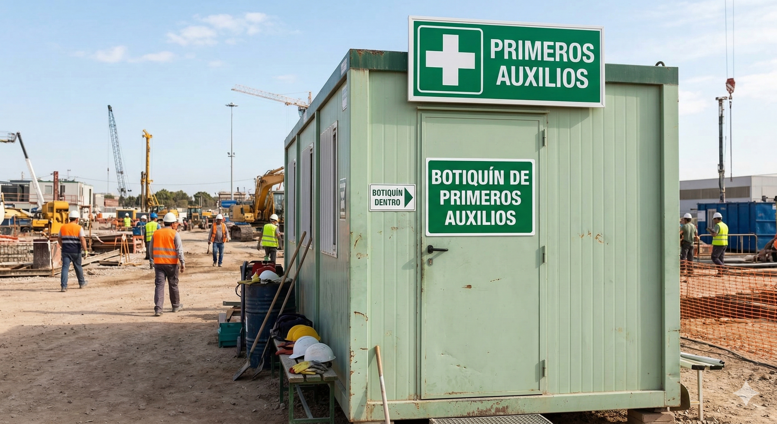 Captura de pantalla de preventivas.com que muestra un botiquín de primeros auxilios industrial de color naranja abierto en una mesa de madera, con suministros médicos visibles. Al fondo, un almacén industrial con trabajadores con chalecos de seguridad y un póster de primeros auxilios en la pared. Título web en español: 'botiquín de primeros auxilios para obra y empresa'
