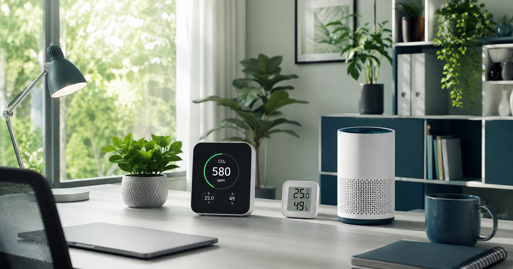 Ambiente saludable con medidor de CO2, purificador de aire e higrómetro en casa y oficina