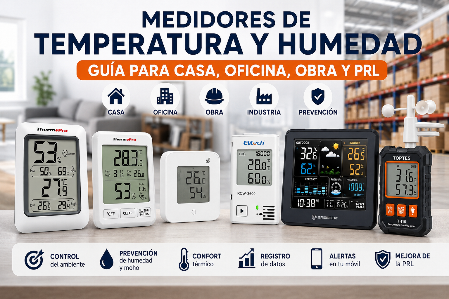 Medidores de temperatura y humedad para trabajo, oficinas, almacenes y prevención de riesgos laborales